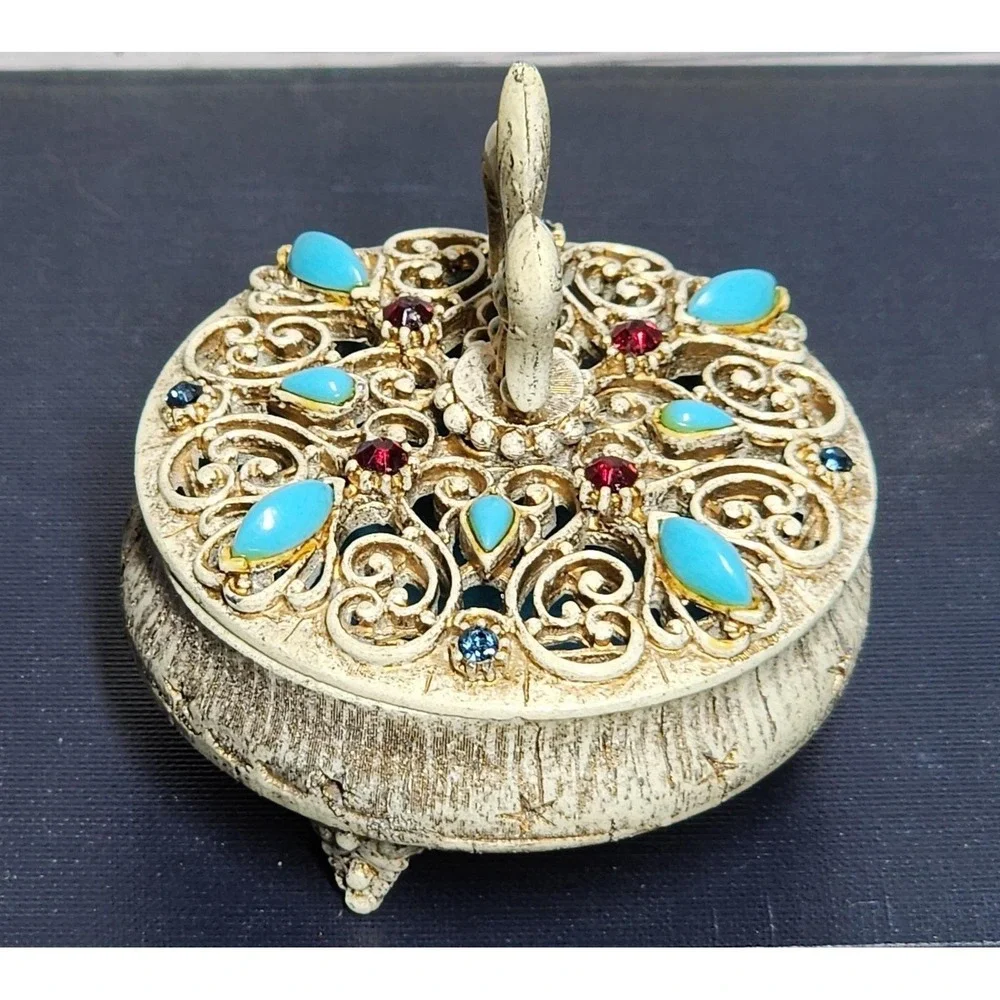 Vintage Florenza Fleur de Lis‎ Trinket Box Jeweled Turquoise Filigree Victorian